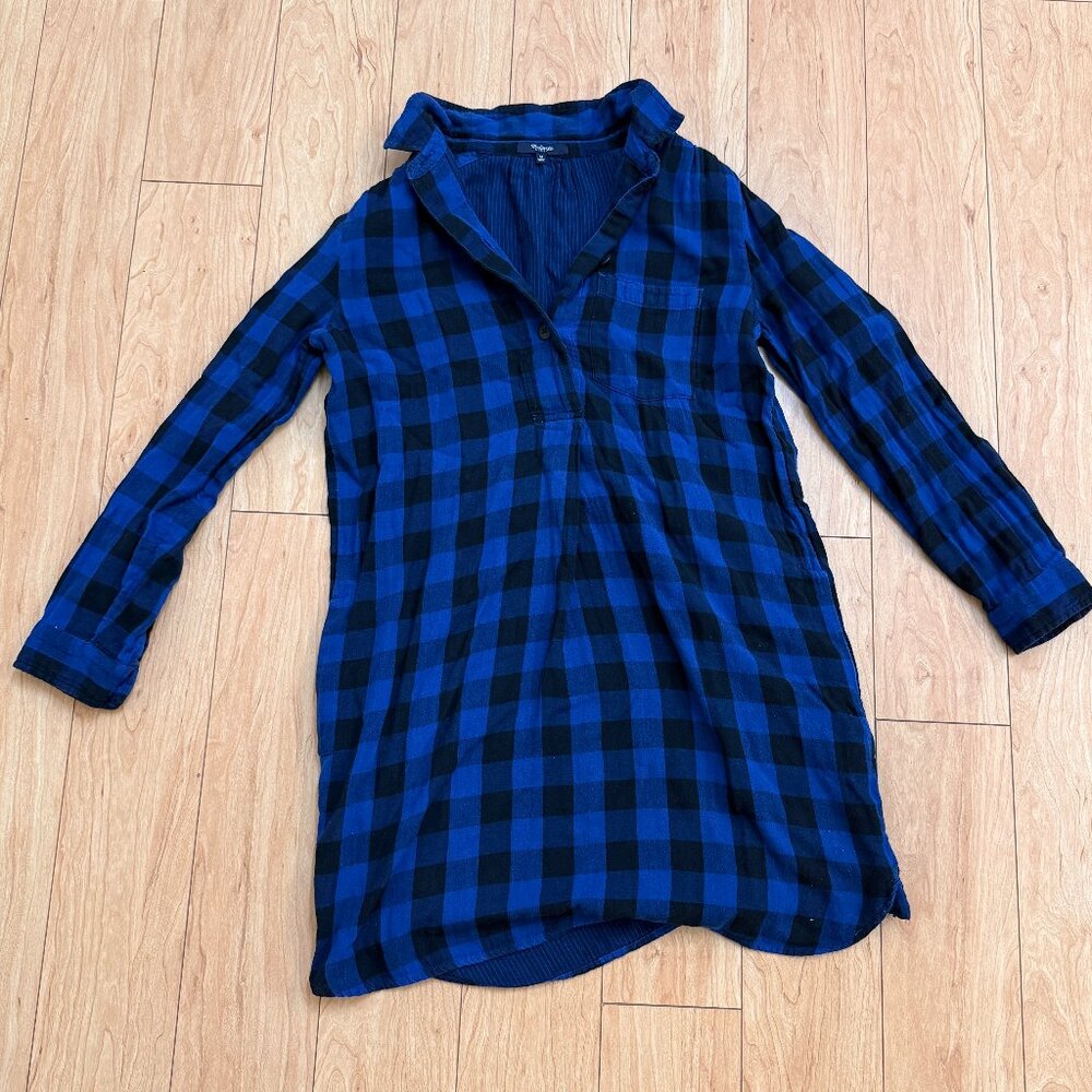 Madewell Latitude Sz M Blue Black Buffalo Plaid Shirt Dress Long Sleeve Relaxed